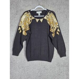 Vintage Victoria Harbour Sweater Womens Size Small Black Gold Beaded‎ Sequin